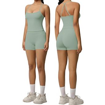 Womens 2 pc Spaghetti Strap Tank Top High Waisted Biker Shorts Set