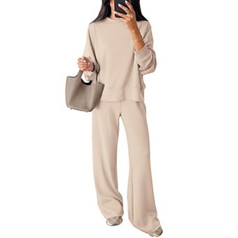 Women 2 pc Oversized Crewneck Lounge Set Wide Leg Pants with Pockets