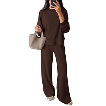 Women 2 pc Oversized Crewneck Lounge Set Wide Leg Pants with Pockets