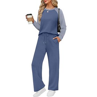 Women 2 pc Lounge Set Raglan Sleeve Wide Leg Pants Fall Outfits