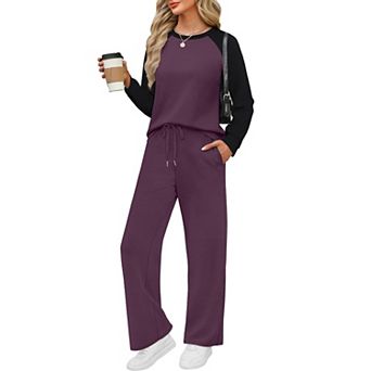 Women 2 pc Lounge Set Raglan Sleeve Wide Leg Pants Fall Outfits