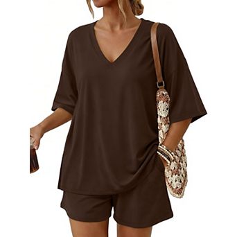 Womens 2 pc Short Set Lounge Sets Summer Loose V-Neck Outfits