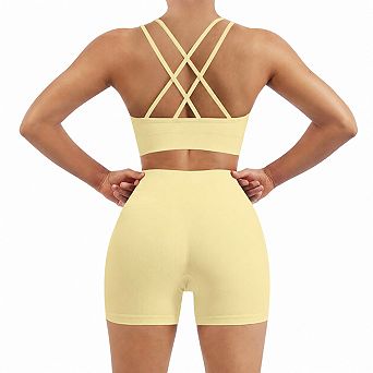 2 pc Womens Cross Back Sports Bra and Gym Shorts Set Yoga Pilates