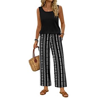 Womens 2 pc Tank Square Neck Sleeveless Wide Leg Pants Lounge Set