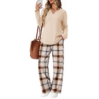 Womens 2 pc Lounge Set V-Neck Long Sleeve Shirt Wide Leg Pants