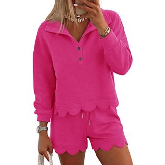 Womens 2 pc Sweatshirt and Shorts Set Quarter Button Scallop Hem Lounge
