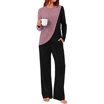 Womens 2 pc Lounge Set Soft Stretch Shirt Pants Curved Hem