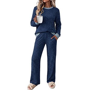 Womens 2 pc Lounge Set Ribbed Knit Color Block Top Wide Leg Pants with Pockets