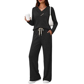 Womens 2 pc Lounge Set V Neck Button Top Drawstring Pants Ribbed Knit