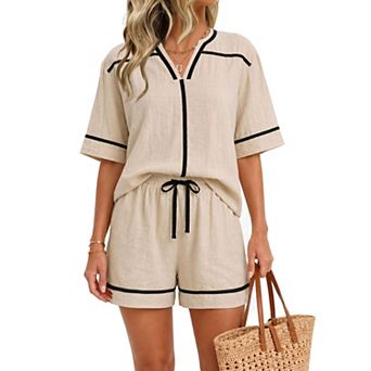 Womens 2 pc Linen Blend Lounge Set V-Neck Top High-Waisted Shorts