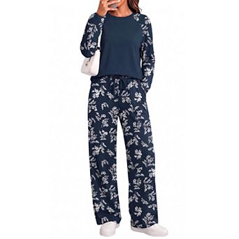 Womens 2 pc Wide Leg Lounge Set Long Sleeve Top and Pants with Pockets