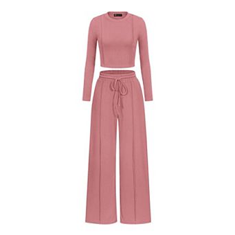 Womens 2 pc Long Sleeve Crop Top Drawstring Wide Leg Pants Lounge Set