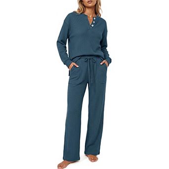 Womens 2 pc Waffle Knit Long Sleeve Henley Lounge Set