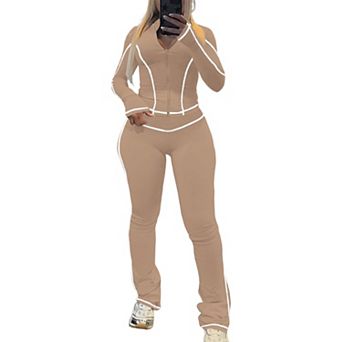 Womens 2 pc Zipper Workout Set Long Sleeve Tracksuit Slim Fit Loungewear