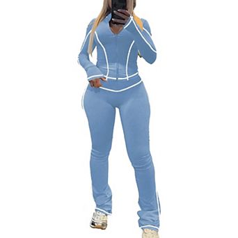 Womens 2 pc Zipper Workout Set Long Sleeve Tracksuit Slim Fit Loungewear