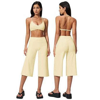 2 pc Womens Workout Set Halter Sports Bra Wide Leg Capri Pants
