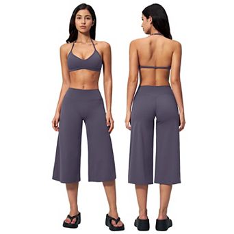 2 pc Womens Workout Set Halter Sports Bra Wide Leg Capri Pants