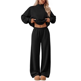 Women's 2 pc Mock Neck Sweatsuit Wide Leg Pants Lounge Set