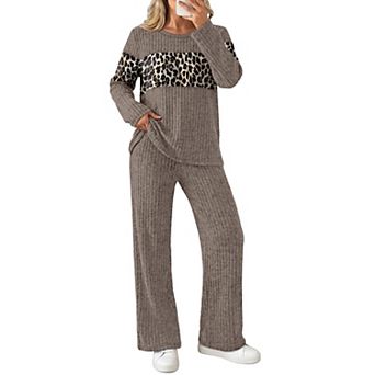 Womens 2 pc V-Neck Top Wide Leg Pants Lounge Set Soft Breathable