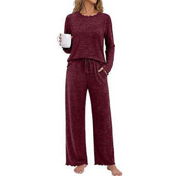 Womens 2 pc Pajama Set Long Sleeve Top Wide Leg Pants Cozy Lounge