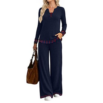 Women 2 pc Knit Ribbed Long Sleeve Lounge Set Henley Wide Leg Pants
