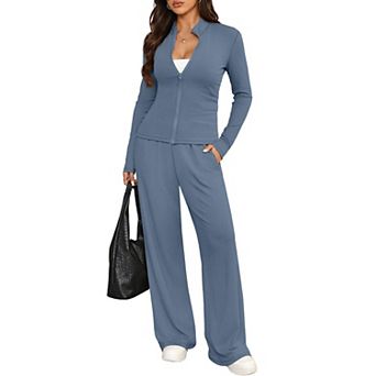 Womens 2 pc Zip Up Lounge Set Long Sleeve Wide Leg Pants with Pockets