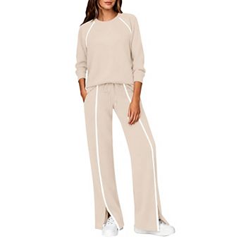 Womens 2 pc Lounge Set Wide Leg Pant Raglan Sleeve Travel Outfit