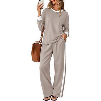 Women 2 pc Lounge Set Color Block Long Sleeve Top Wide Leg Pants