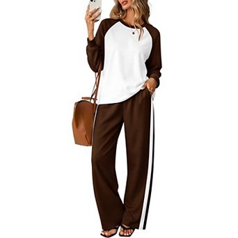 Womens 2 pc Lounge Sets Raglan Long Sleeve Top Wide Leg Pants