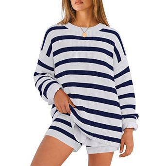 2 pc Womens Crewneck Long Sleeve Knit Top and Shorts Lounge Set