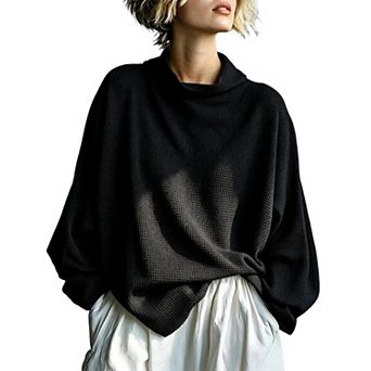 Women's Waffle Knit Solid Stand Collar Long-Sleeve Loose Casual Top