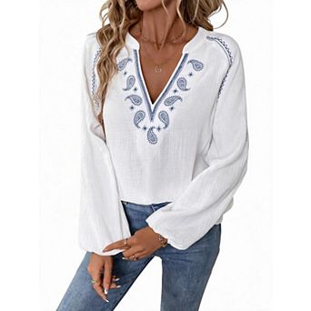 Women's V Neck Long Sleeve Loose Fit T-Shirt Top