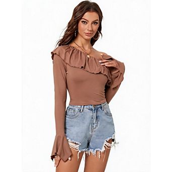 Women's Ruffled Long-Sleeve Slim Fit Cropped Waist-Cinched Top