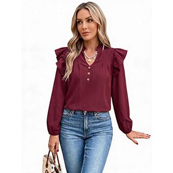 Women's V-Neck Ruffled Elegant Long-Sleeve Pullover Top