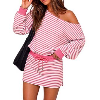 Women 2 pc Striped Off Shoulder Top and Mini Skorts Casual Lounge Set