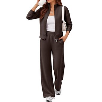 Womens 2 pc Modal Blend Zip Jacket Wide Leg Pants Lounge Set