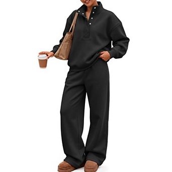 Womens 2 pc Oversized Mock Neck Snap Button Top and Wide Leg Pants Set