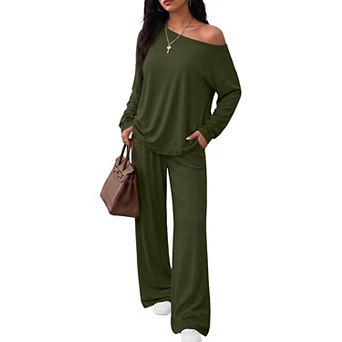 2 pc Womens Off Shoulder Long Sleeve Top Wide Leg Pants Lounge Set