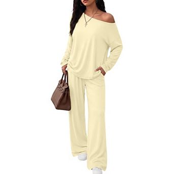 2 pc Womens Off Shoulder Long Sleeve Top Wide Leg Pants Lounge Set
