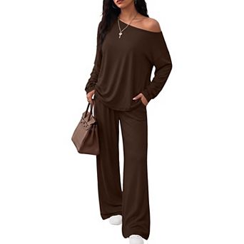 2 pc Womens Off Shoulder Long Sleeve Top Wide Leg Pants Lounge Set