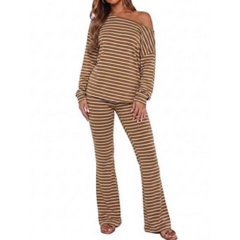 Womens 2 pc Striped Off Shoulder Top Flare Pants Set