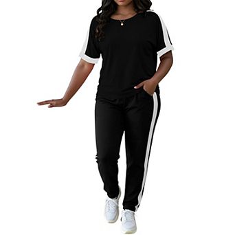 Women 2 pc Color Block Short Sleeve Top and Jogger Sweatsuit Set
