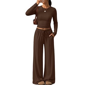 Womens 2 pc Fall Lounge Set Pintuck Wide Leg Pants with Pockets