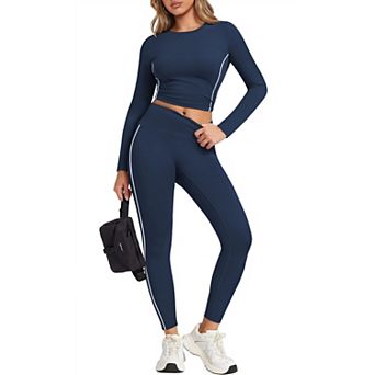 2 pc Womens Workout Set Long Sleeve Top Leggings with Pockets