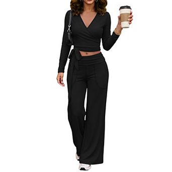2 pc Workout Sets for Women Long Sleeve Shirts Wide Leg Pants
