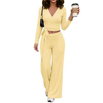 2 pc Workout Sets for Women Long Sleeve Shirts Wide Leg Pants