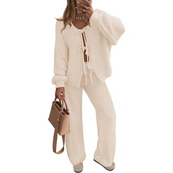 Womens 2 pc V Neck Cardigan Wide Leg Pants Lounge Pajama Set