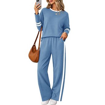 Womens 2 pc Lounge Set Wide Leg Pants Color Block Crewneck Top