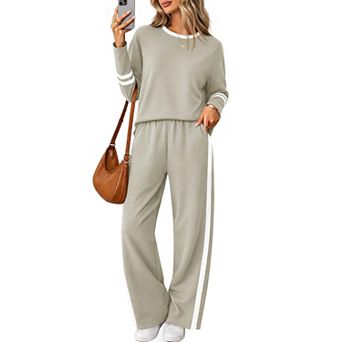 Womens 2 pc Lounge Set Wide Leg Pants Color Block Crewneck Top