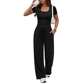 Womens 2 pc Summer Lounge Set Henley Top Wide Leg Pants with Pockets